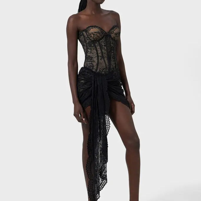 Celebrity Red Carpet Performance Stage Wear Women Sexy Lace Strapless Bodycon Mini Draped Dress Nightclub Party Wear