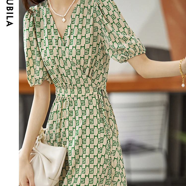 Elegant Print Summer Dress for Women Fashion A Line V-Neck Lace Up Slim Puff Sleeve Ladies Midi Wrap Dresses