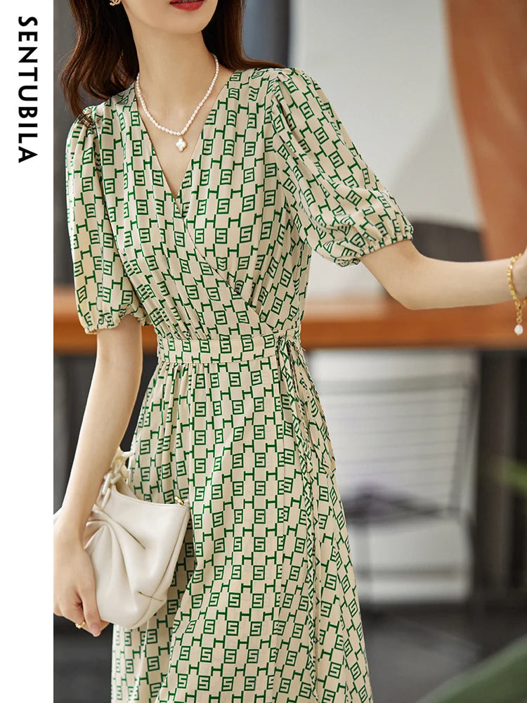 Elegant Print Summer Dress for Women Fashion A Line V-Neck Lace Up Slim Puff Sleeve Ladies Midi Wrap Dresses