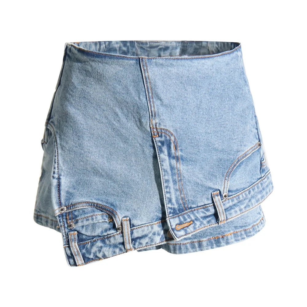 TWOTWINSTYLE Patchwork Bolso Irregular Chique Denim Shorts Para Mulheres Cintura Alta Zíper Emendado Designer Calças Curtas Femininas Novas