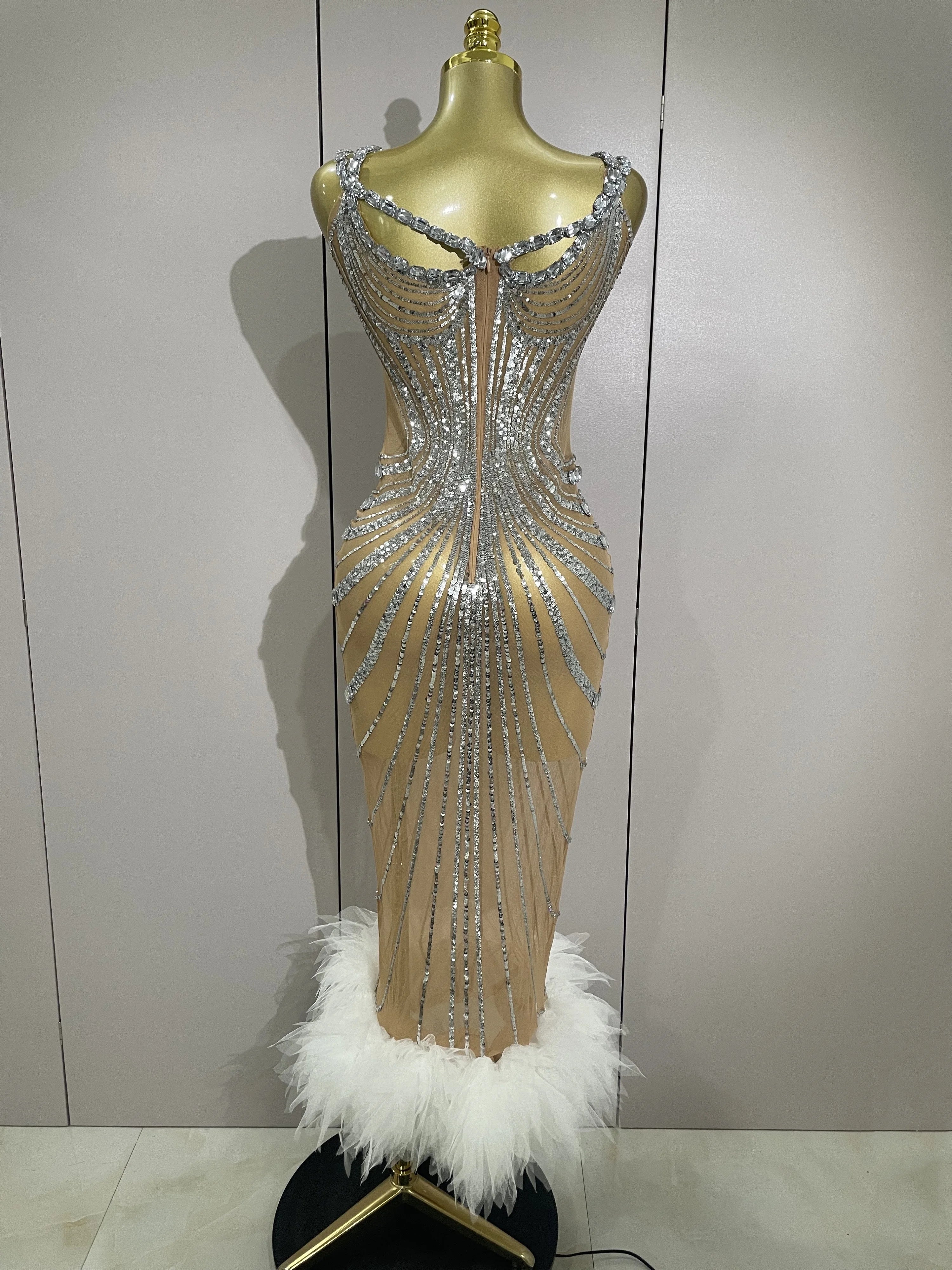 Luxury Sexy Silver Rhinestone Mesh See Through Long Dress 2025 New Women Birthday Party Prom Gown Singer Nightclub Stage Costume