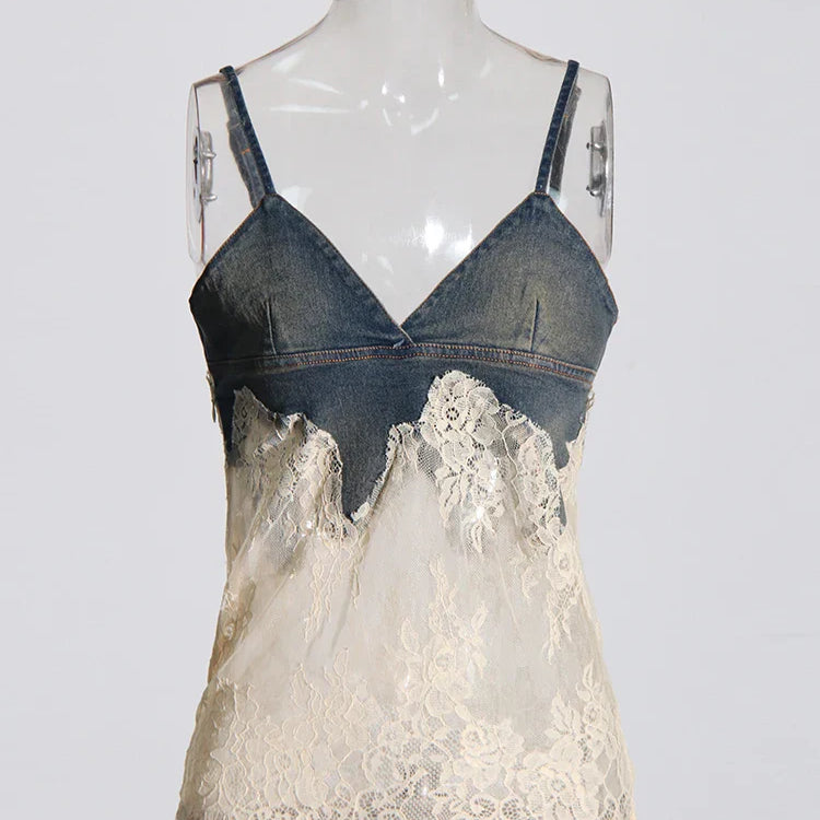 Spliced Lace Denim Two Piece Set For Women V Neck Sleevelss Top High Waist Knee Length Pant Streetwear Sets Female