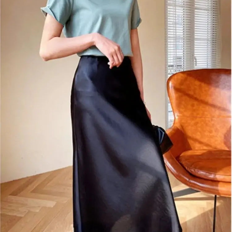 High Waisted Satin Long Skirts for Women Spring/Summer New Women's Skirt A-line Fashion Elegant Slim Fit Grey Black Skirt black