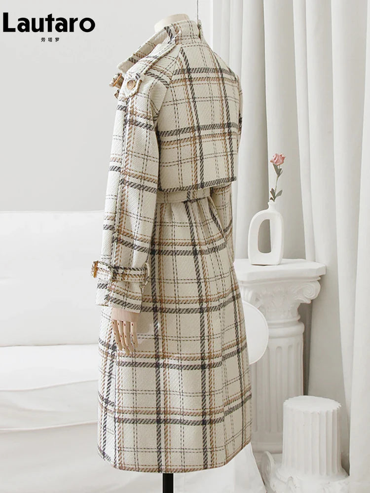 Autumn Winter Long Loose Warm Plaid Wool Blends Trench Coat for Women Raglan Sleeve Belt Double Breasted Woolen Overcoat