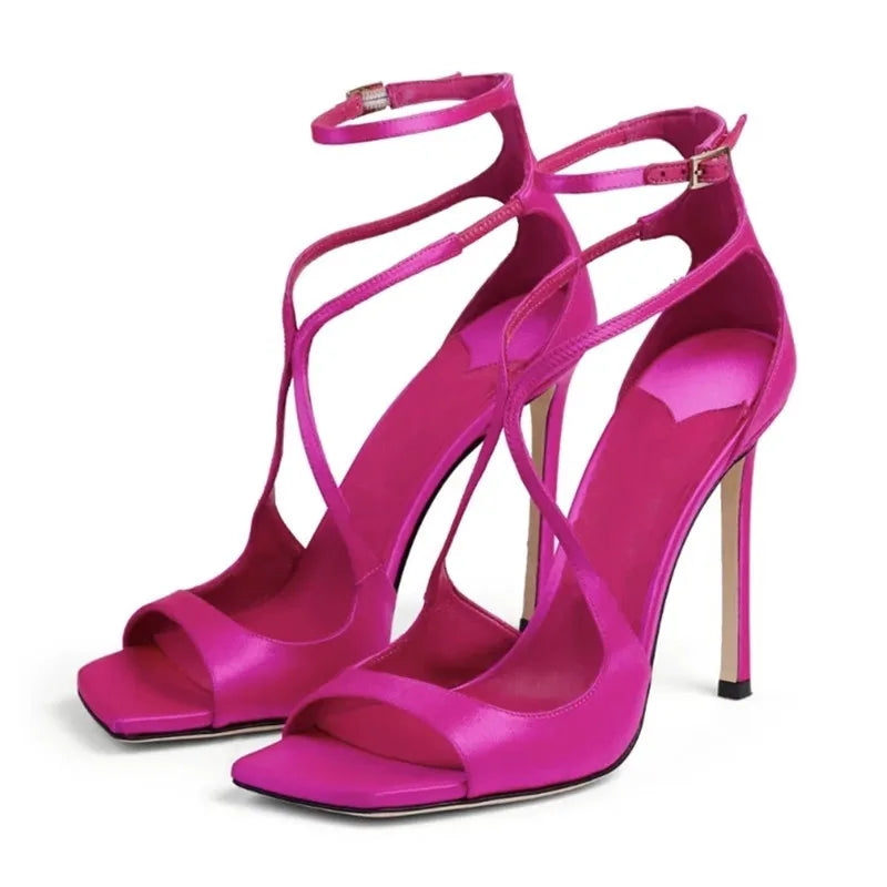 Women's Luxury Sandals Summer Pink Satin Open Toe Stiletto Sandals Concise High Heels Women Pumps Ankle Straps Designer Shoes