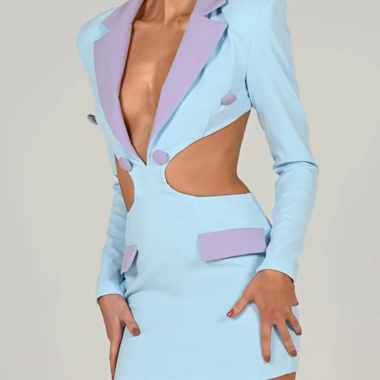Mozision Hollow Out Backless Blazer Dress For Women Robe Autumn Notched Collar Full Sleeve Bodycon Party Mini Dress Vestido
