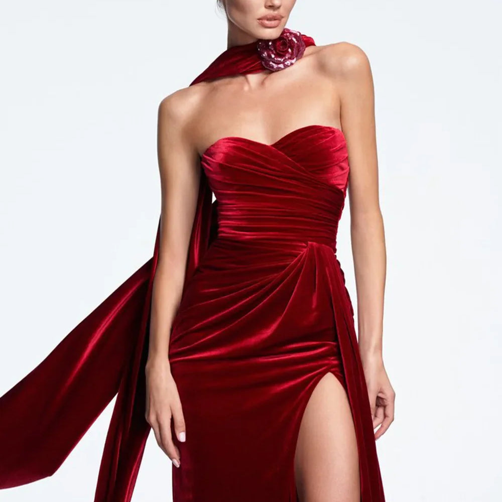 Spring Women Sexy Strapless Velvet Bodycon Long Dress Celebrate Fashion Evening Party Cocktail Outfit