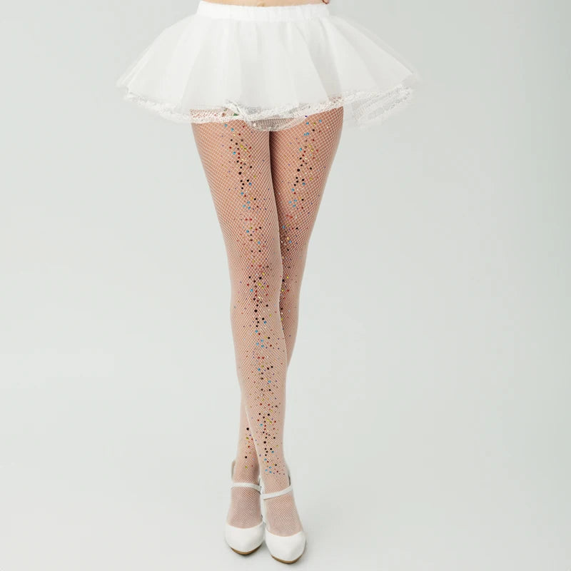 Sexy Women Rhinestones Pantyhose Shiny Diamond Summer Fishnet Tights Transparent Stockings Bling Medias De Mujer Fashion Party White One Size