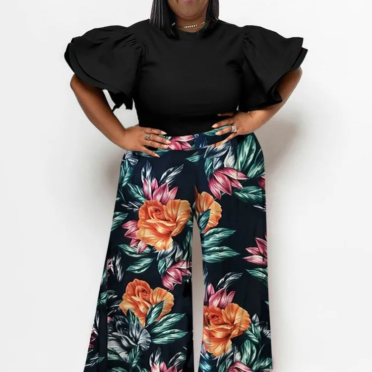 Plus Size Summer 2 Two Piece Set Women Ruffle Pleated Fashion Slim Ladies Blouses Floral Print Loose Pleated Woman Wide Leg Pant