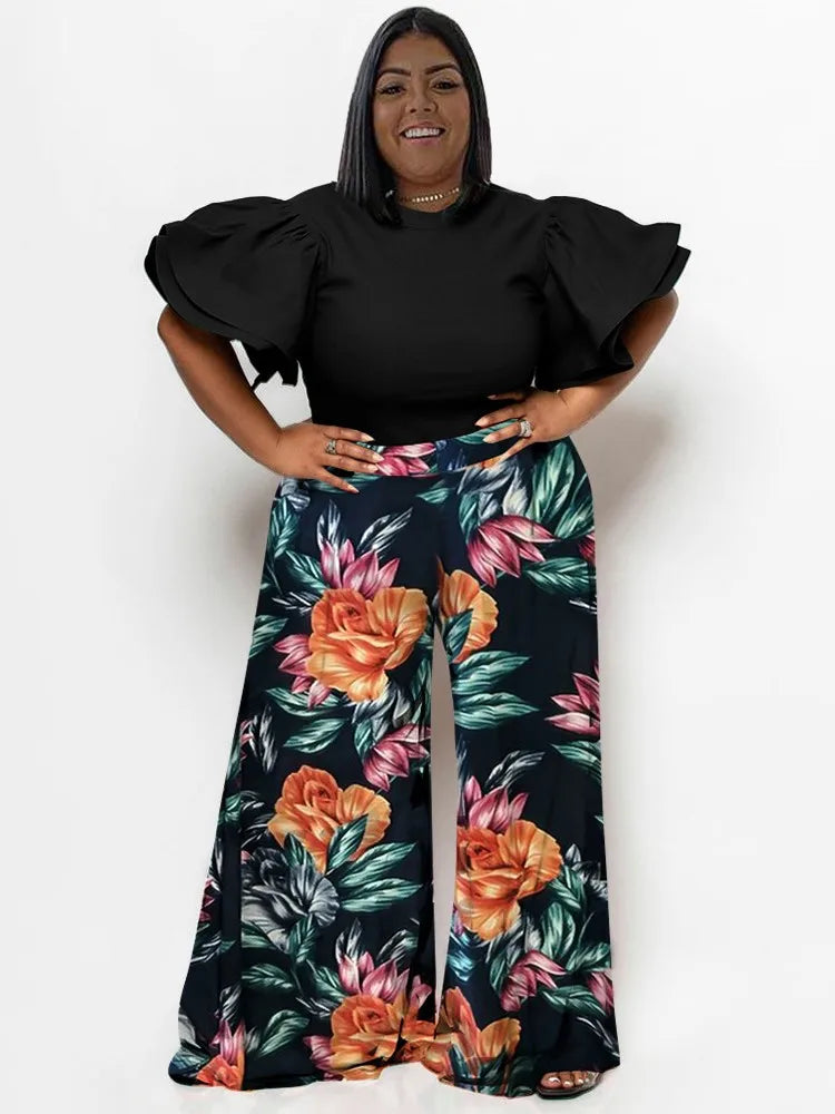 Plus Size Summer 2 Two Piece Set Women Ruffle Pleated Fashion Slim Ladies Blouses Floral Print Loose Pleated Woman Wide Leg Pant