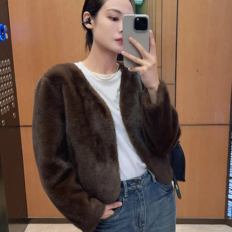 Autumn Winter Chic Luxury Soft Thick Warm Brown Faux Mink Fur Coat Women with Deep V Neck Long Sleeve Fluffy Jacket 2024