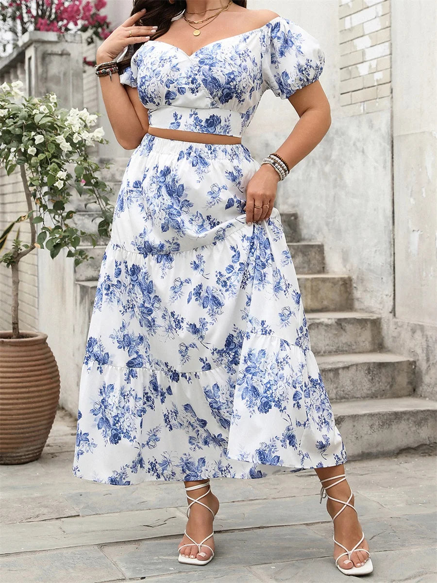 2025 Summer Womens Plus Size Skirts Outfits Floral Print V-Neck Short Sleeve Tops Elastic Waist Long Skirts Clothes 2 Pieces Set