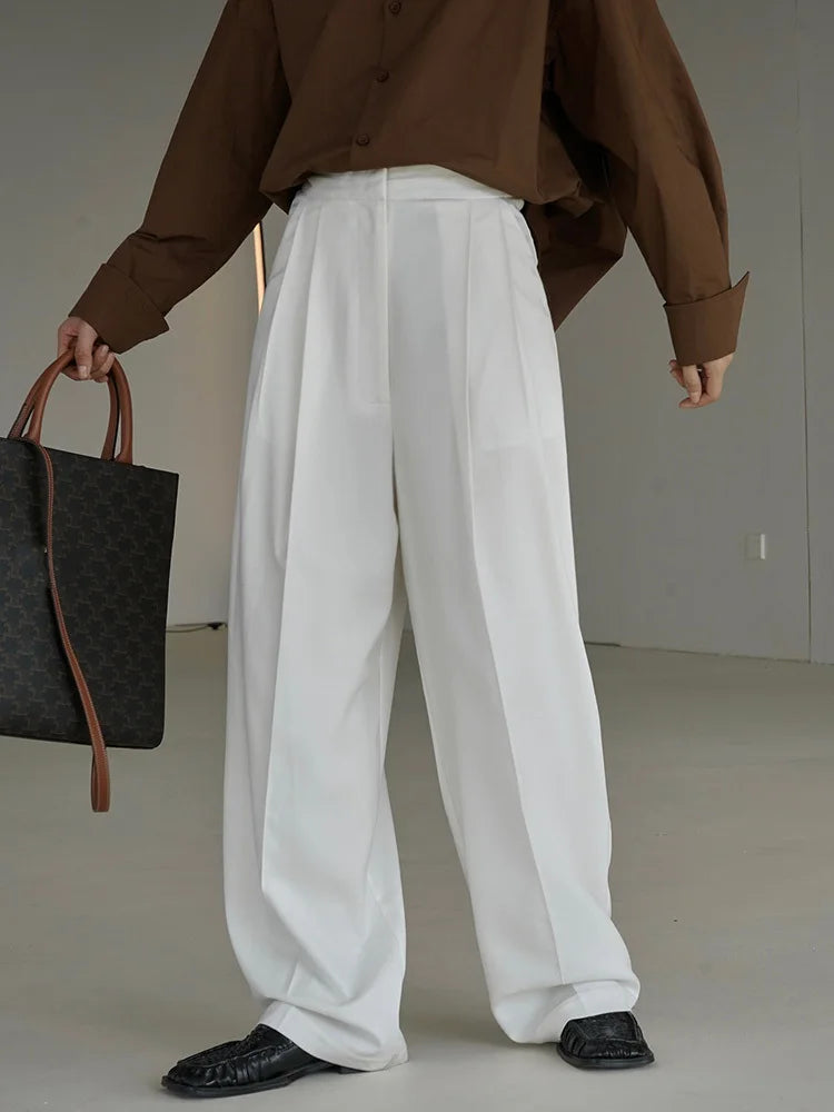 [LANMREM] Minimalism Wide Leg Pants For Women spring New Solid High Waist Straight Loose Trousers Fashion Clothing 26D5746 White