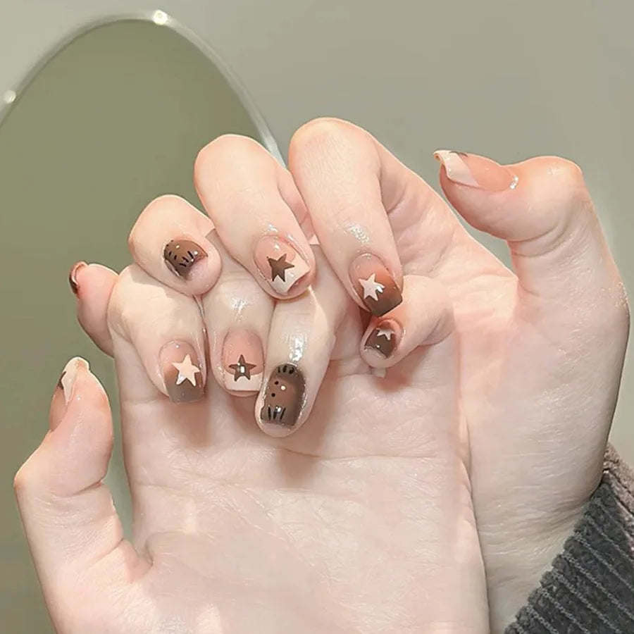 Medium fake nails for women gilrs gradient blue pink starry sky star moon Y2K design Almond nail tips press on false nail set