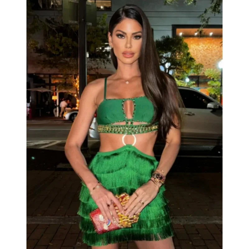 STOCK Stylish Tassel Sexy Hollow Out Spaghetti Strap Mini EvenDress  Summer Holiday Vocation Vestido Music festival Outfit
