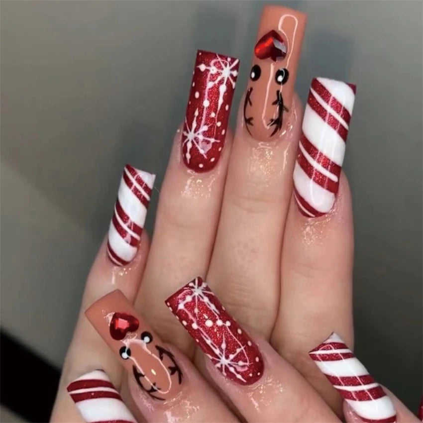 24Pcs/Set Christmas Collection Wearing False Nails Art Elk Santa Claus Snowman Press on Nail Tips Kawaii Acrylic Stick on Nails PDJ2062-SD-08