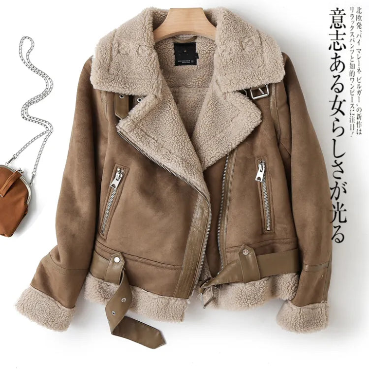 Brown Jacket For Women Winter Vintage Fur Integrated Jacket Lapel Long Sleeves Jackets Female Outwears Chic