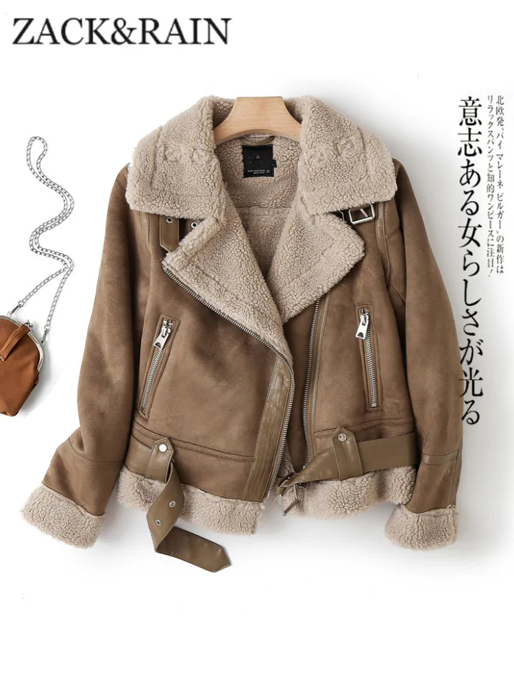 Brown Jacket For Women Winter Vintage Fur Integrated Jacket Lapel Long Sleeves Jackets Female Outwears Chic