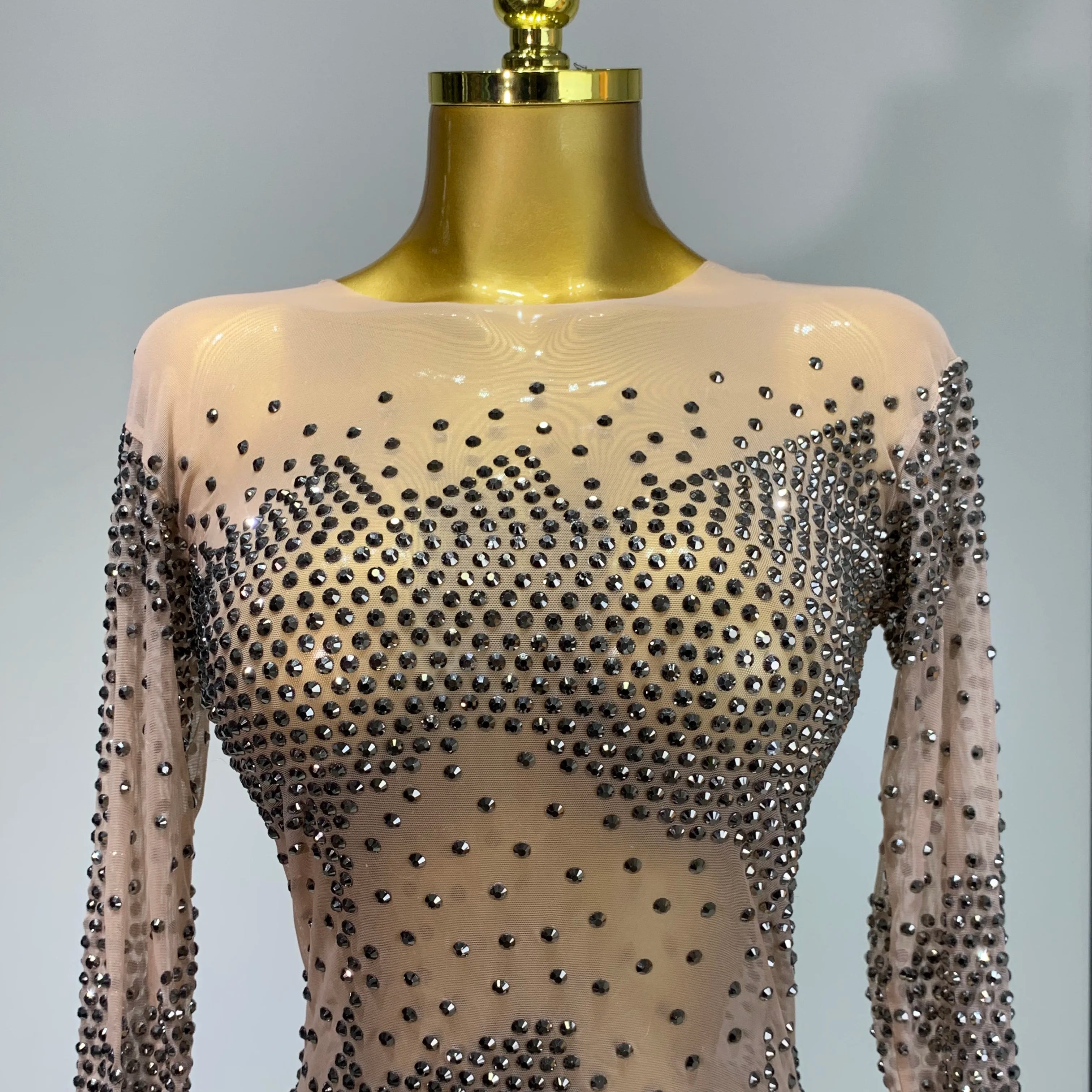 Luxury Birthday Rhinestones Half Sleeve Transparent Mini Dress Women 2025 Sexy Mesh Stretch Performance Celebrity Stage Wear