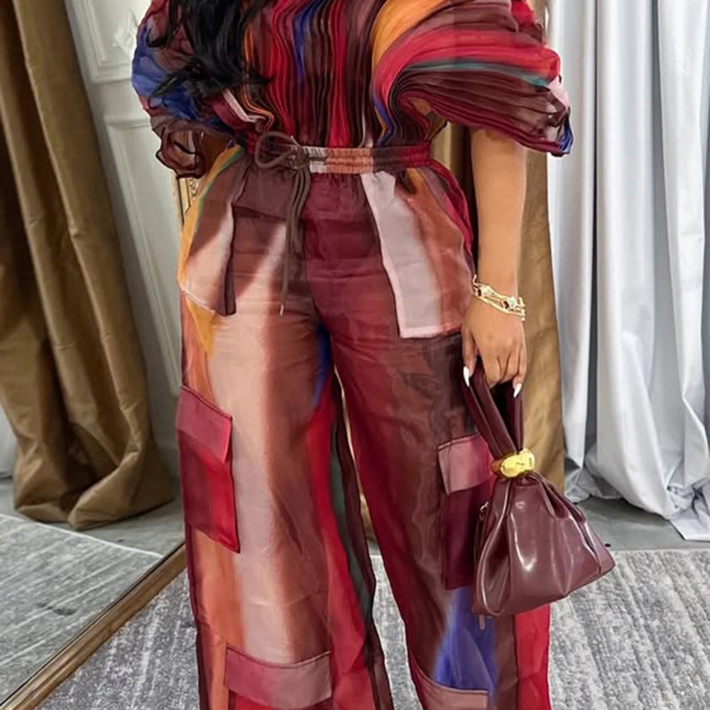 Plus Size Daily Hot Pink Gradient Round Neck Batwing Sleeve Half Sleeve Cargo Pleated Two Piece Pant Sets