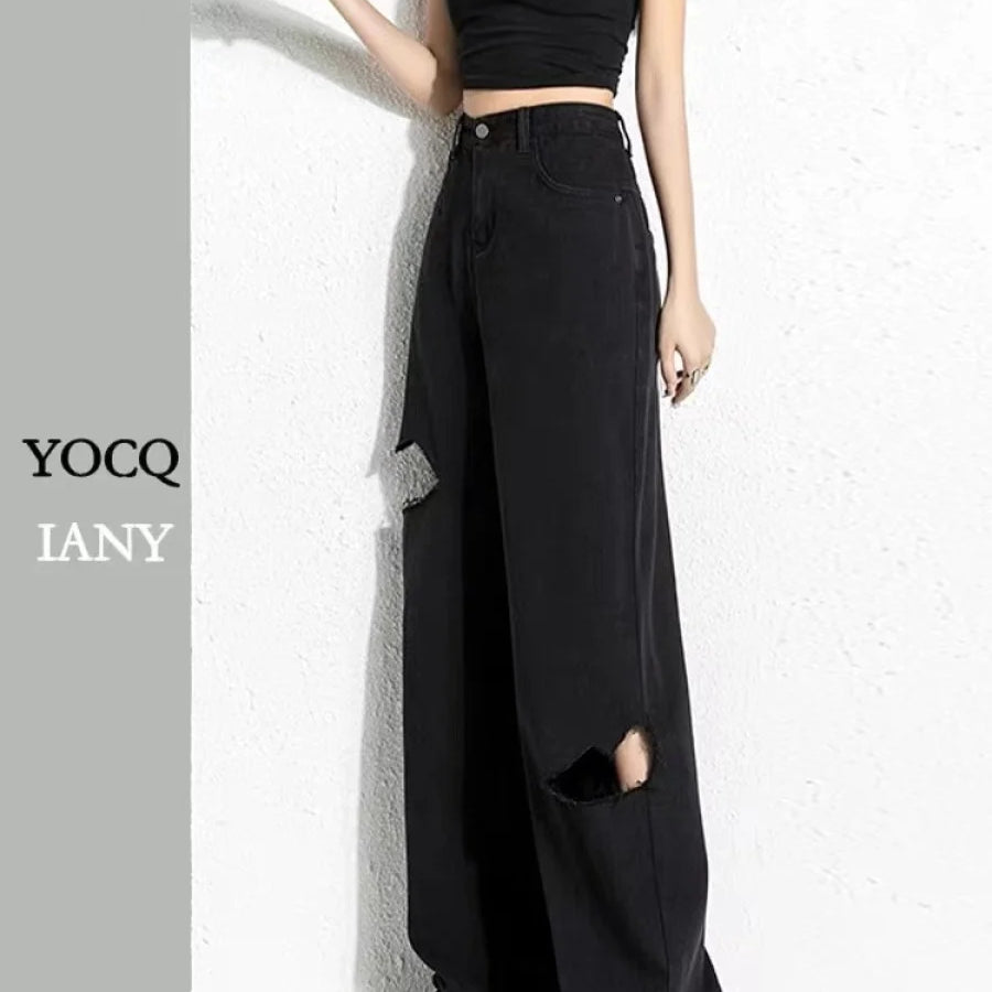 Black Ripped Jeans Women Summer New Straight Y2k Jeans Korean Fashion Women Pants High Waist Wide Demin Pant