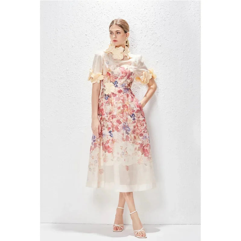 Holiday dress Spring Summer Printed Standing Collar Vestido Midi Vintage Para High End Holiday Dress Lace Women