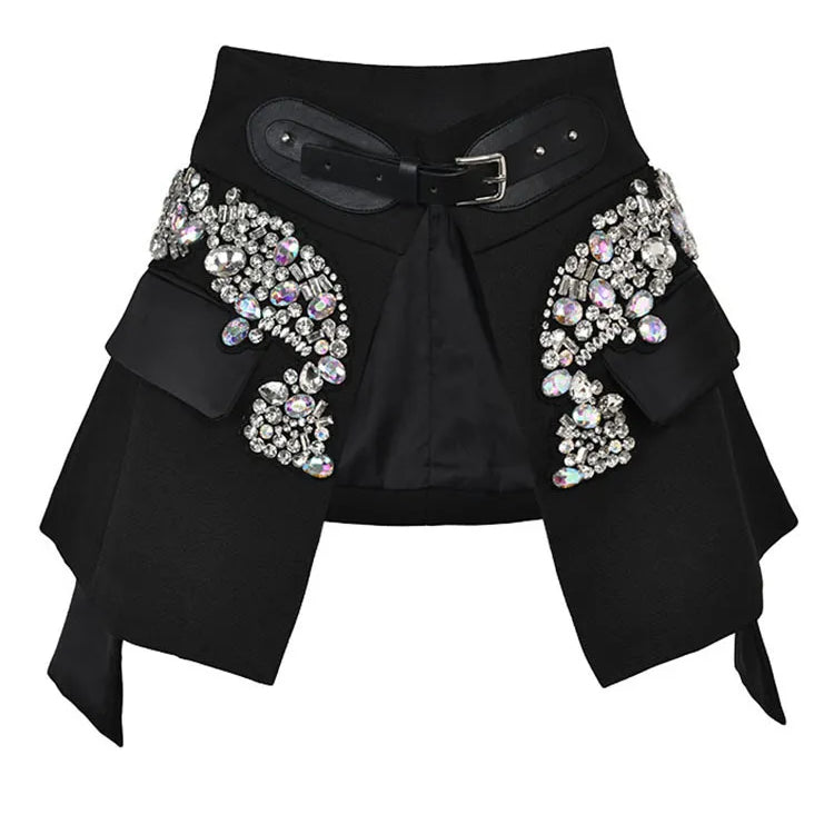 Black Irregular Rhinestones Belted Mini Half-body Skirt High Waist Women Fashion Tide New Spring Autumn