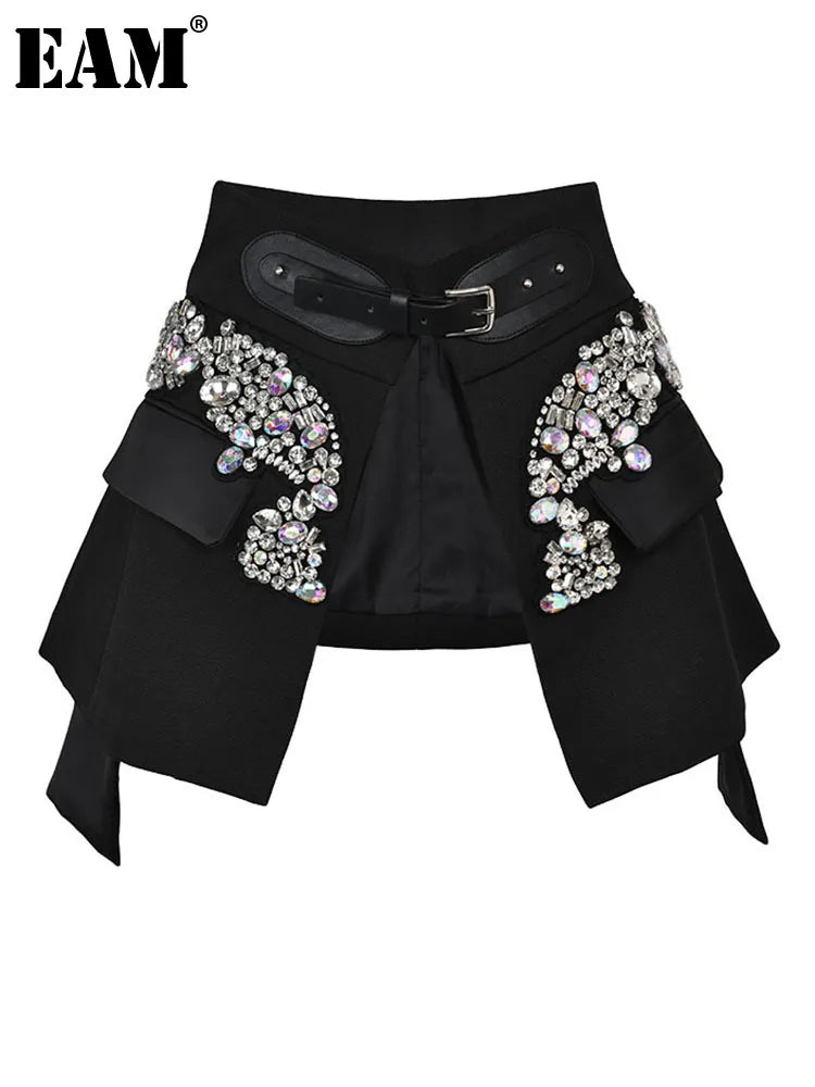 Black Irregular Rhinestones Belted Mini Half-body Skirt High Waist Women Fashion Tide New Spring Autumn