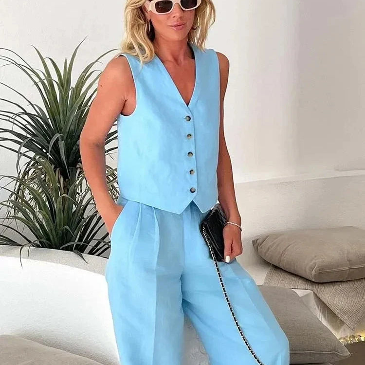 Women Blue Pants 2 Pieces Sets Fashion Linen Vest Tops+Straight Pants Office Suit Vintage Woman Two Pieces Outfit