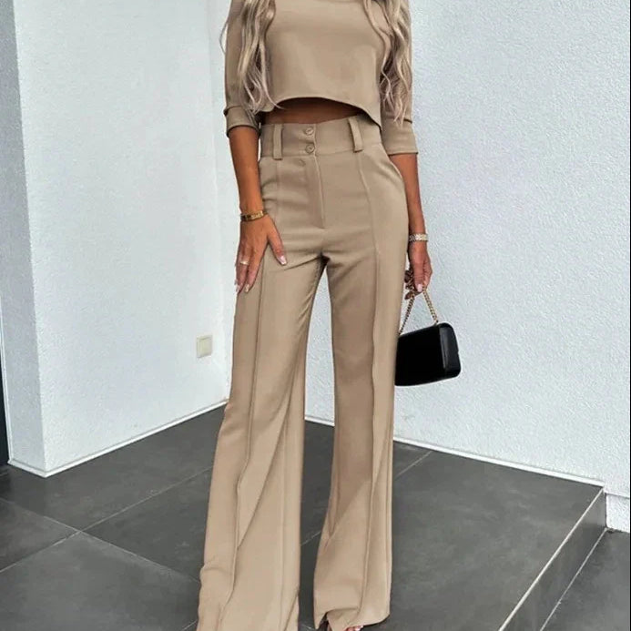 2024New Fashion Women's Elegant Small High Neck Casual Shorts Top Pocket Micro Horn Elegant Pants Set Khaki