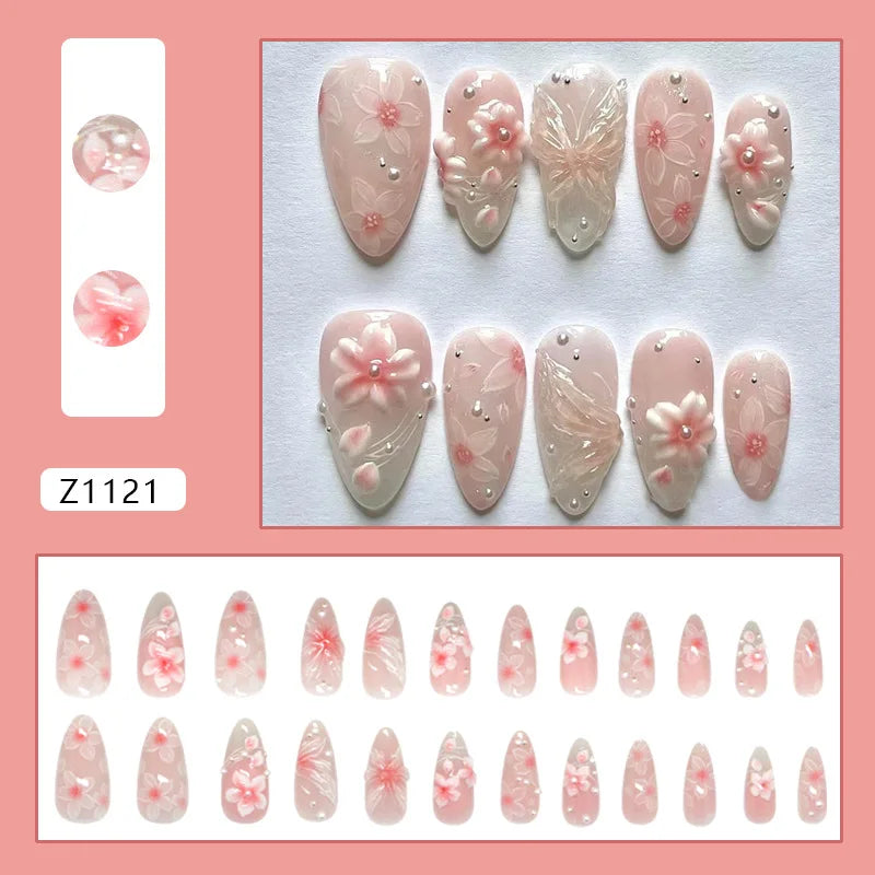 24pcs Pink Flower Press on Nails Ins Sweet Petals Print False Nails for Girl Wearable Reusable Fashion Almond Fake Nail Tips