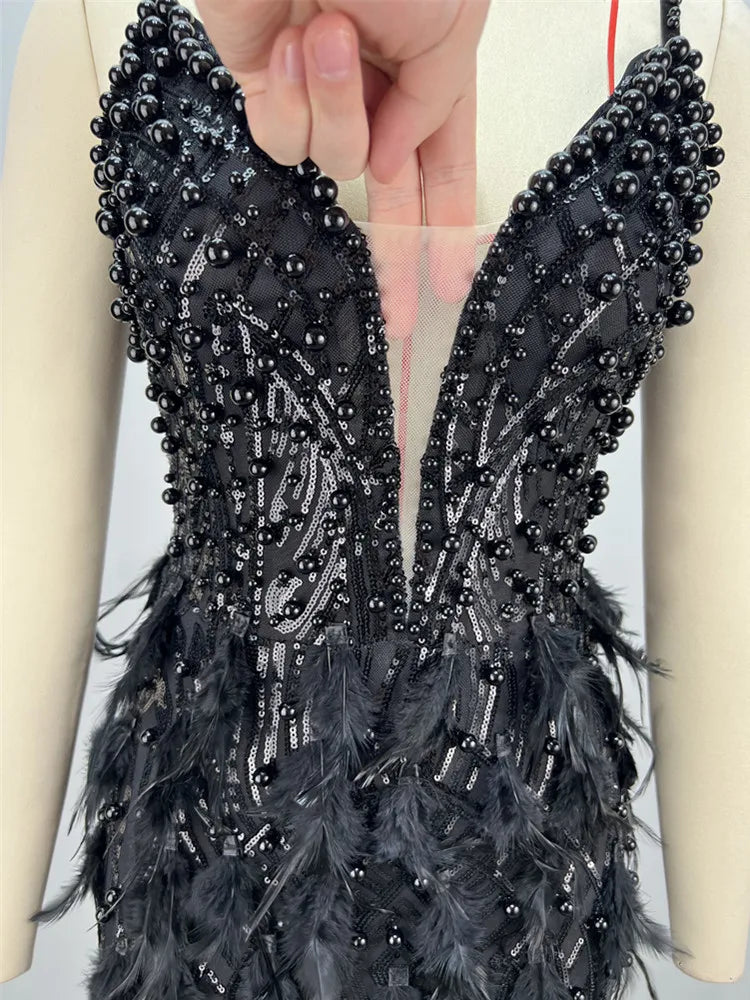 Sexy Sleeveless Backless Feather Black Pearl Sequins Mini Women Celebrity Dress 2024 Elegant Party Evening Club Vestido