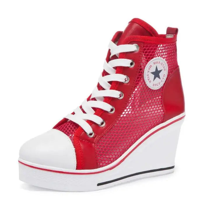 New Summer Women's Wedge Mesh Casual Shoes Fashion Black White Pink Stealth Increase Breathable High-top Sneakers Red