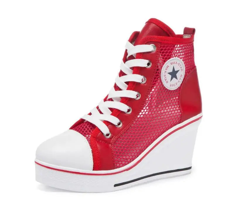 New Summer Women's Wedge Mesh Casual Shoes Fashion Black White Pink Stealth Increase Breathable High-top Sneakers Red