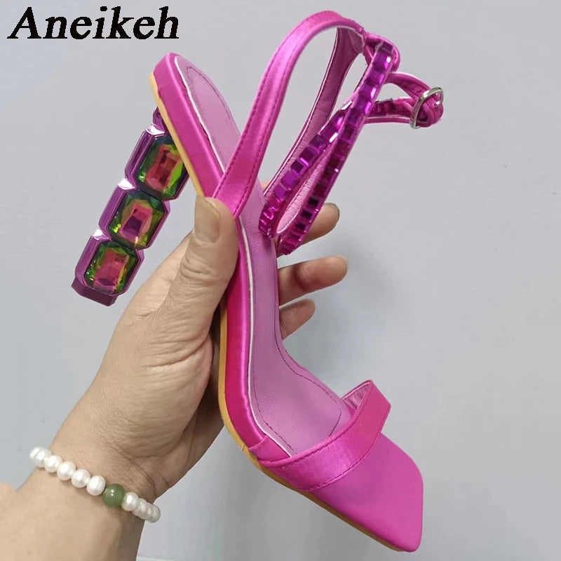 Sexy Sparkly Stacked Crystal Heel Sandals Woman Summer Thin Embellished Ankle Straps High Heel Shoe for Women Pumps
