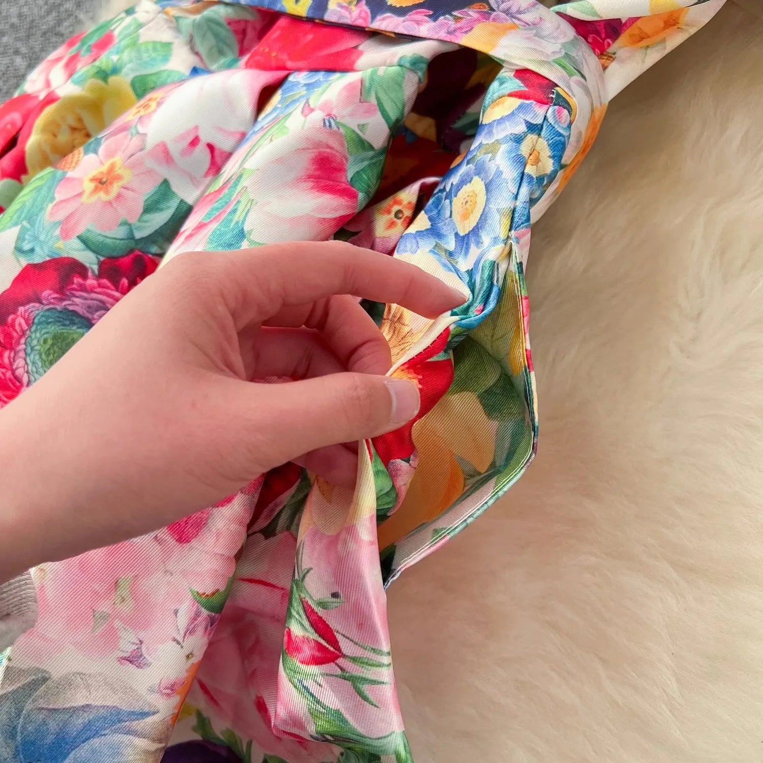 Summer Bohemian Gorgeous Flower Long Dress Women V-Neck Layer Mesh Sleeve Floral Print Bandage Lace Up Robe Vestidos Clothes