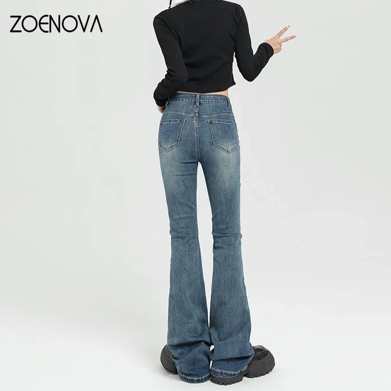 Autumn Women Vintage Denim Flare Pants Fashion New Casual Streetwear High Waist Slim Soft Mom Trouser Harajuku Y2K Jeans