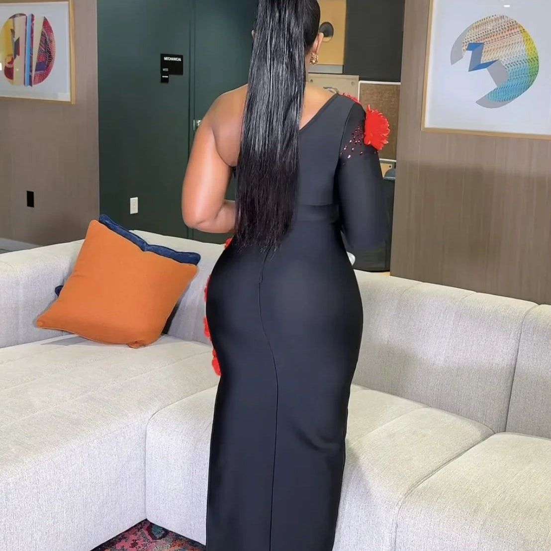 Women Sexy One Shoulder Long Sleeve Red Florlas Rhinestones Bodyocn Long Bandage Dress Nightclub Party Celebrate Birthday Wear