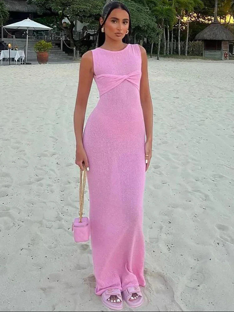 Fantoye Knitted Round Neck Ruched Women Maxi Dress Pink Sleeveless See Through Dress Femme Summer Skinny Elegant Party Beachwear Pink