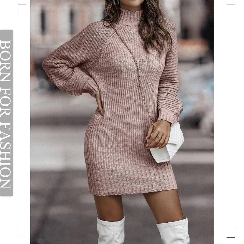 Vintage Winter Knitted Dress Ladies Chic Turtleneck Lantern Long Sleeve Mini Sweater Dresses for Women Clothes