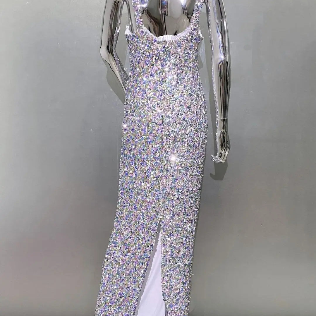 Shinning Sequins Women Sleeveless Sexy Square Collar Bodycon Long Fashion Evening Party Dress Birthday Prom Outfit Vestido