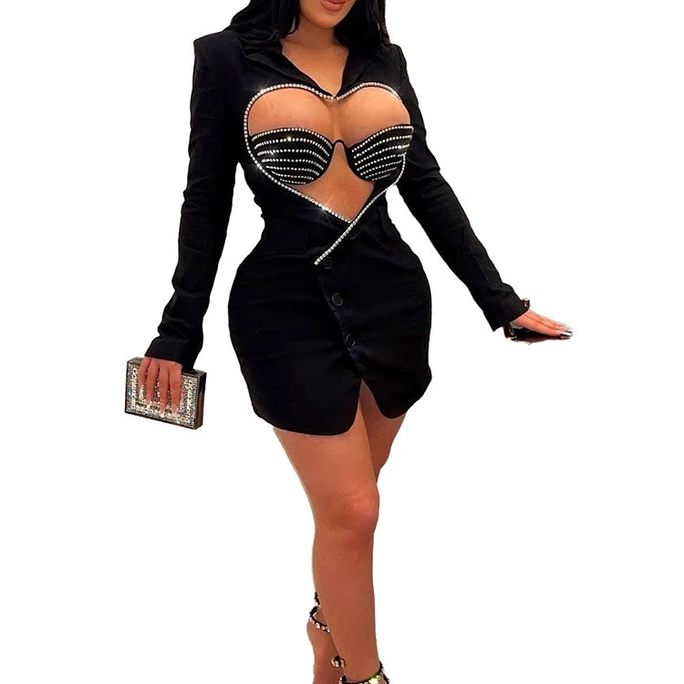 Luxury Designer Rhinestone Blazer Dress for Women Long Sleeve Bodycon Evening Sexy Black Short Party Crystal Vestidos black