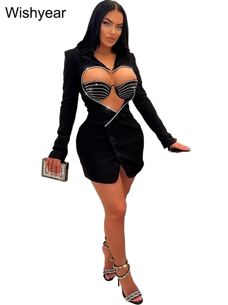 Luxury Designer Rhinestone Blazer Dress for Women Long Sleeve Bodycon Evening Sexy Black Short Party Crystal Vestidos black