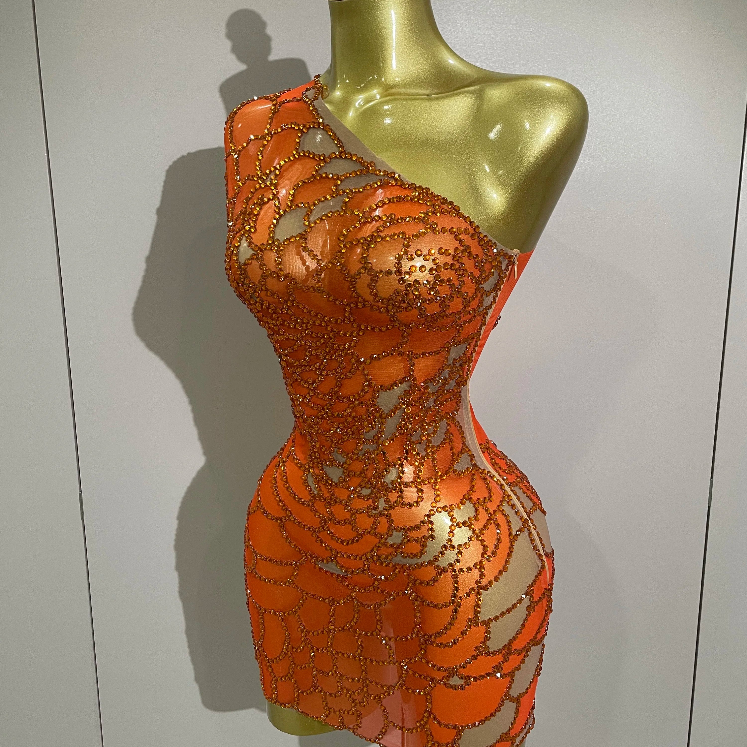 STOCK Women Shining Rhinestones Sexy One Shoulder Cultivation Dress Birthday Celebrate Party Evening Gown Singer Stage Costume