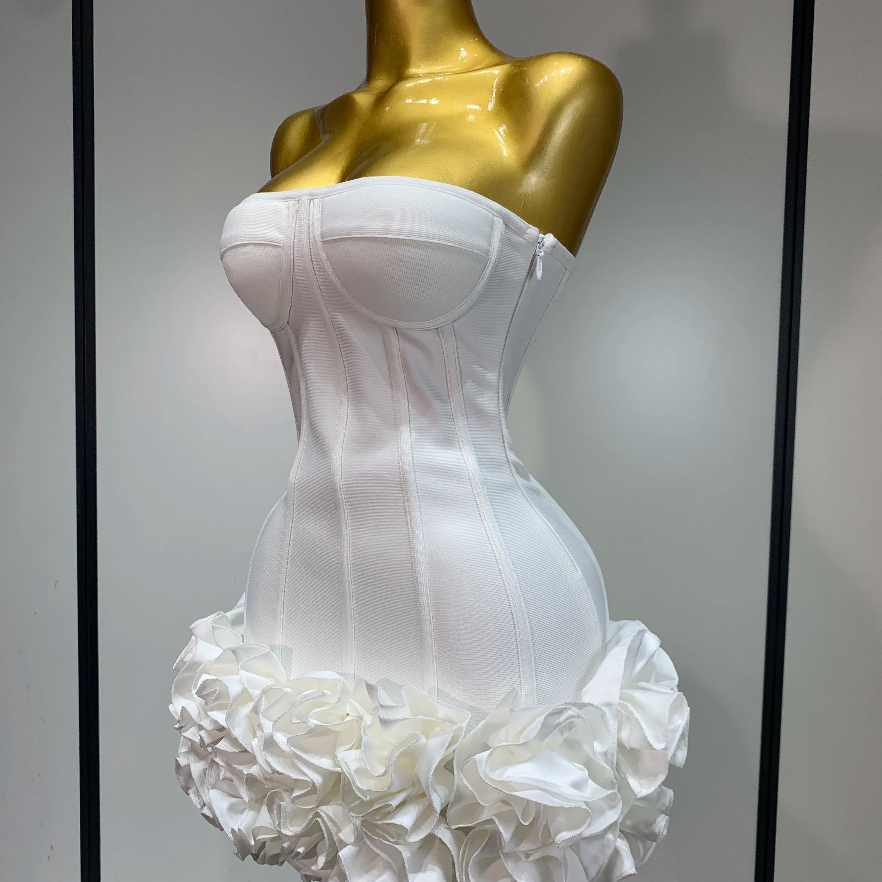 Women Sexy Strapless Flower Prom Gown Mini Dress Celebrity Red Carpet Fashion Evening Party Celebrate Birthday Club Dresses