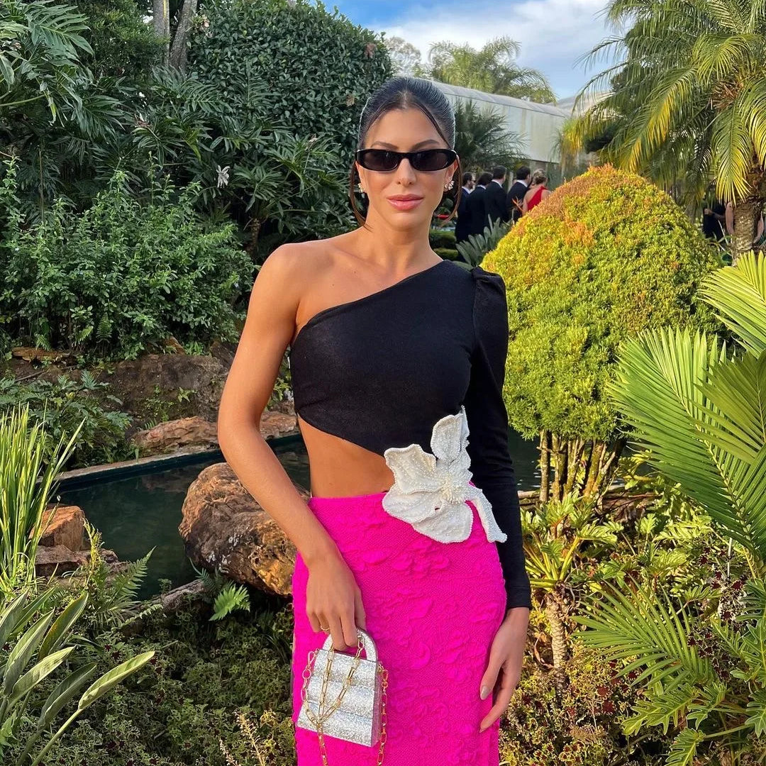 White Beading Flower Sexy One Shoulder Expose waist Black Patchwork Rose Red Mid Calf Dress Elegant Woman Evening Dress