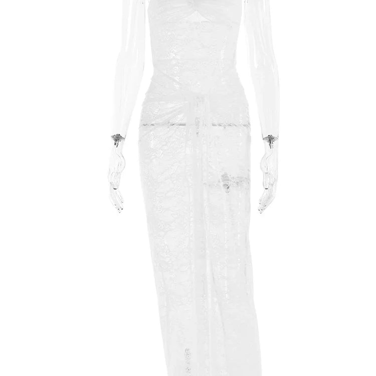 JULISSA MO Women Strapless Backless Sexy Dress Lace Hollow Out Ruched Off Shoulder Midi Dress Ladies Chic Slim Outfits 2023 White