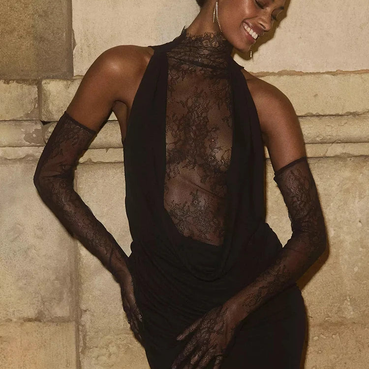 VC Glamorous Black Halter Dress with Lace Details Gloves for Fashion Events Party Evening Gown