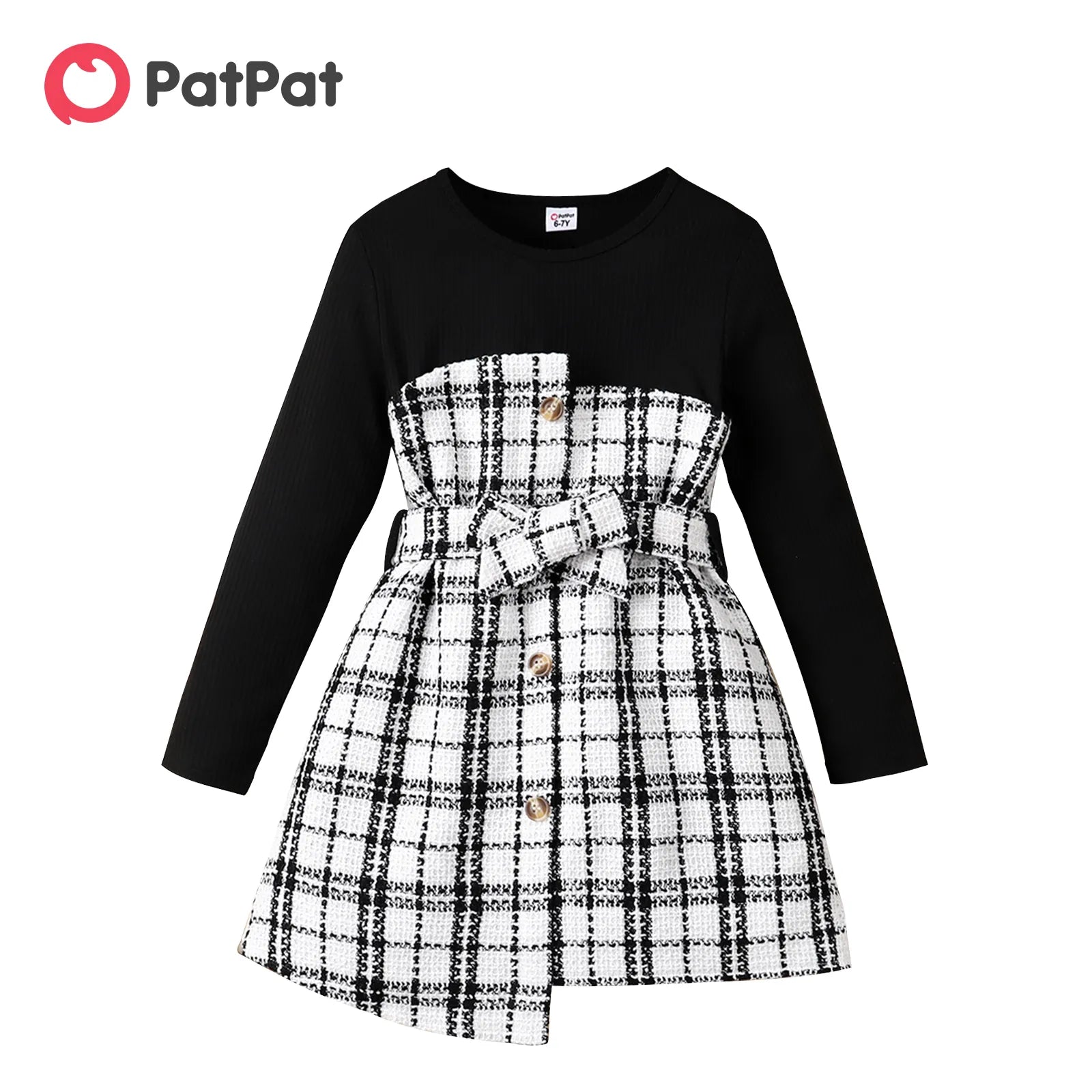 Dress for Girl Kid Girl Plaid Tweed Splice Button Design Irregular Hem Long-sleeve Girl Dresses for 5-12 Y