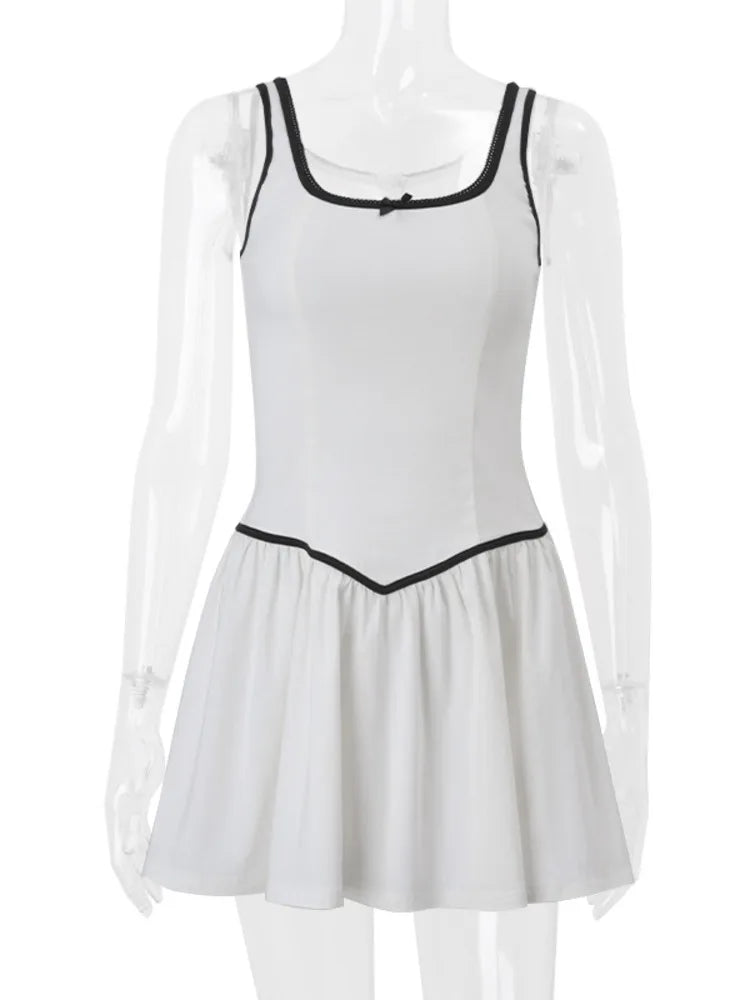 Square Collar Backless Sexy Mini Dress For Women Robe Zipper A-line Contrast Color Sleeveless High Waist Club Dress